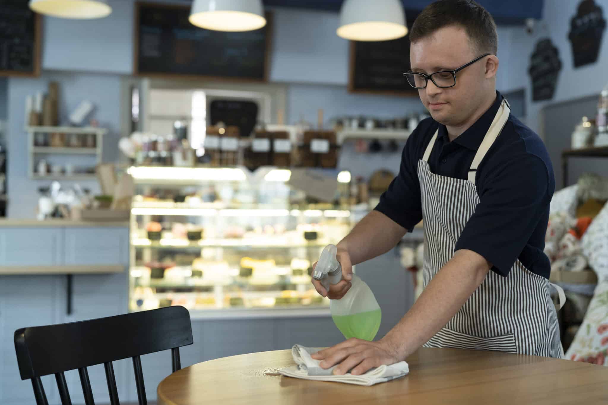 Caucasian man with down syndrome cleaning table in the cafe